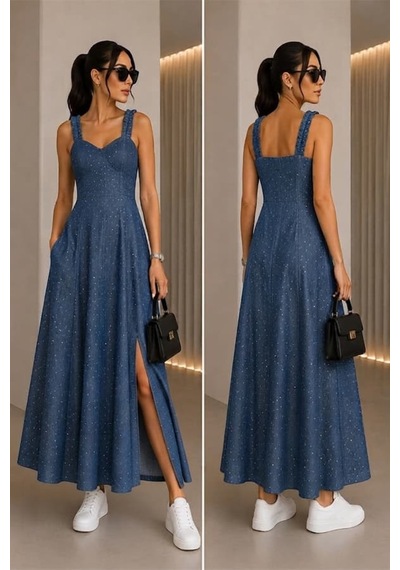Maşuka Yazlık Sim Desenli Yırtmaç Detaylı Şık Tensel & Kot Kadın Elbise Denim Blue Denim Blue Maşuka Yazlık Sim Desenli Yırtmaç Detaylı Şık Tensel & Kot Kadın Elbise Denim Blue Denim Blue