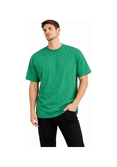 Vexor Erkek Asit Yıkama Bisiklet Yaka Kısa Kollu Oversize T-shirt Tişört - Yeşil
