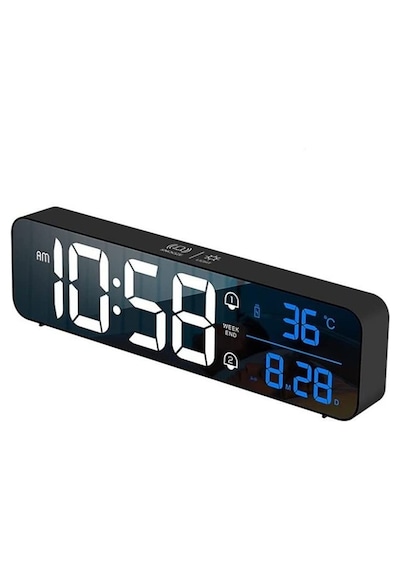 Hd Led Ekranlı Aynalı Dijital Masa Saati Sıcaklık, Tarih Ve Alarm Özellikli Elektronik Saat Siyah