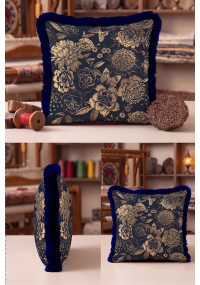 Çiçekli Vintage Floral Saçaklı Yastık Kılıfı - Botanik Lacivert Bej Lacivert Püsküllü Kırlent Kılıfı Sessiz Ufuk Mira
