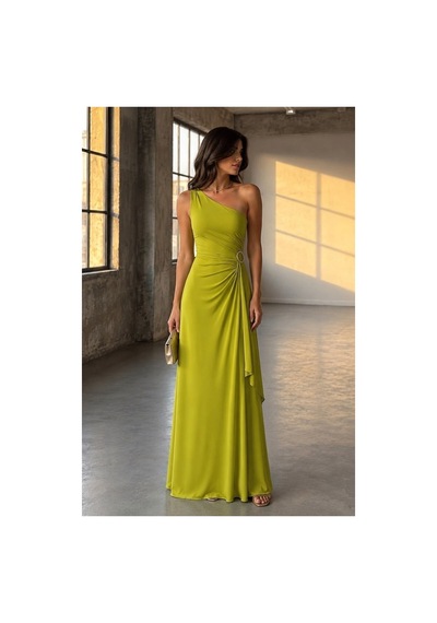 Lior Design Kadın Sade Tek Omuz Kemerli Maxi Abiye Elbise Yeşil