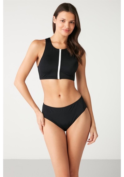 Kom Ritsle Düz Renk Fermuarlı Bikini Siyah