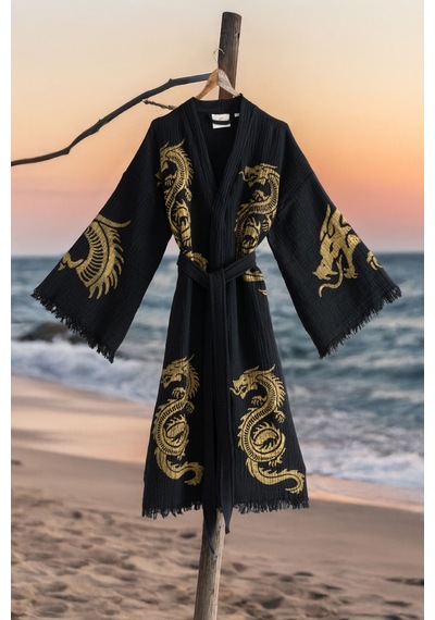 Varol Organik %100 Pamuk Kimono Yaka Sabalık Bornoz Plaj Elbisesi - Viserion - Sarı - L/xl Sarı/l/xl Siyah - Sarı