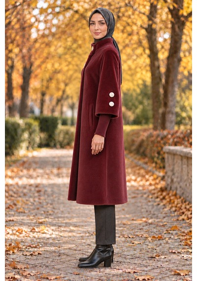 Gold Düğmeli Uzun Kaban-bordo-5992