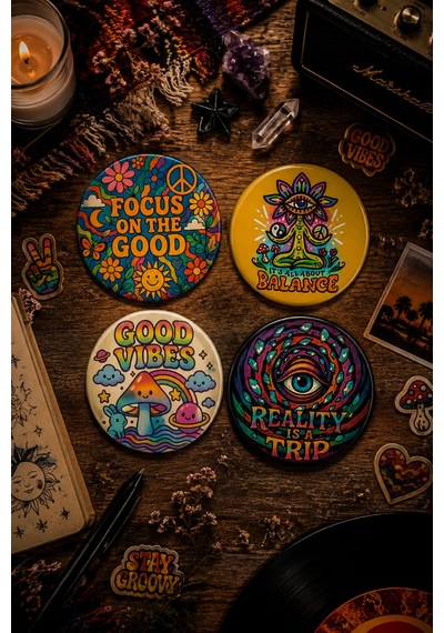 Mashspot 4'lü Bohem Rozet Seti Good Vibes, Peace, Renkli Mantar Ve Retro Tasarım Çok Renkli