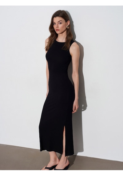 Dilvin 91652 Fitilli Midi Elbise-siyah