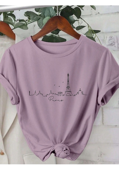 Flood Of Style Kadın Lila Çizgi Paris Baskılı Oversize Mor