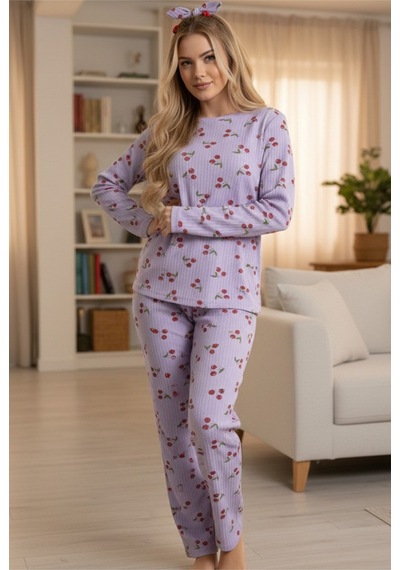 Siyah İnci Yumuşak Tuşe Kışlık Fitilli Pamuklu Örme Pijama Takım 7977 Lila Kiraz