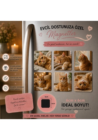 6'lı Kare Fotoğraf Magneti Evcil Hayvana Kişiselleştirilebilir Patili Dost Hediye Seti