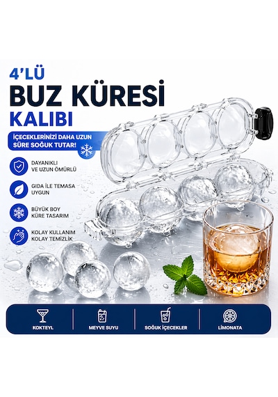 4 Lü Büyük Boy Buz Küresi Kalıbı Şeffaf Pratik Buz Topu Kalıbı Içecek Sunum Buzu