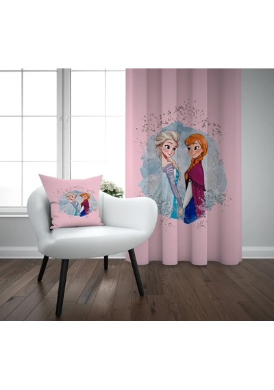 Pembe Elsa Anna Çizim Çocuk Odası Tek Kanat Fon Perde