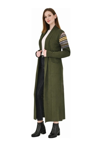 Onno Style Women Kilim Desen Uzun Hırka Haki