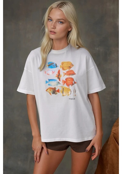 Hiccup Kadın %100 Pamuk Bisiklet Yaka Oversize Beyaz Baskılı T-shirt