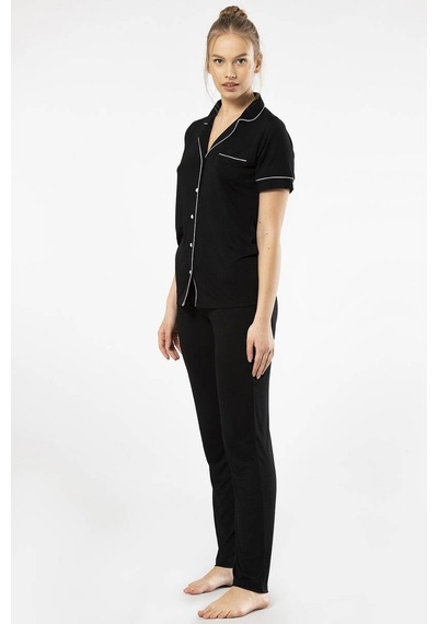 Düz Kısa Kollu Gömlek Yaka Pijama Takım 001
