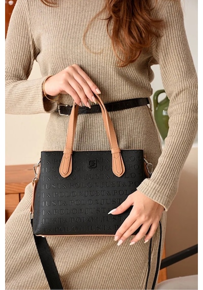 Just Polo Kadın Günlük Kullanıma Uygun Ayarlanabilir Askılı Lüks El Ve Omuz Çantası Shoulder Bag Shopper Siyah - Taba 52529963