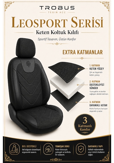 Kia Venga 2012 2013 2014 2015 Uyumlu Leosport Serisi Siyah Oto Koltuk Kılıfı