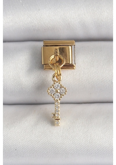 316l Çelik Gold Renk Sallantı Zirkon Taşlı Anahtar Model Nomination Charm Gümüş