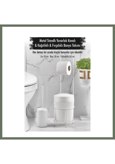 Bezos Metal Standlı Yuvarlak Kovalı & Kağıtlıklı & Fırçalıklı Beyaz Banyo Takımı Bezos1
