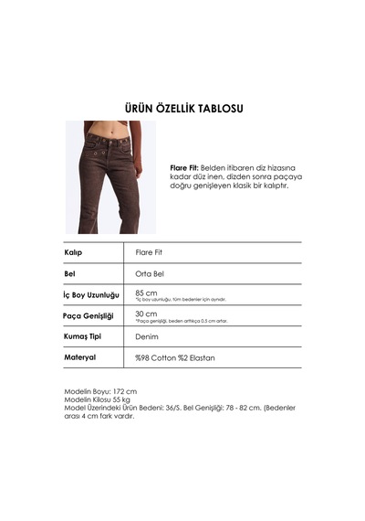 Kadın Koyu Kahve 2w6-16 Flare Fit Özel Tasarım Denim Jean