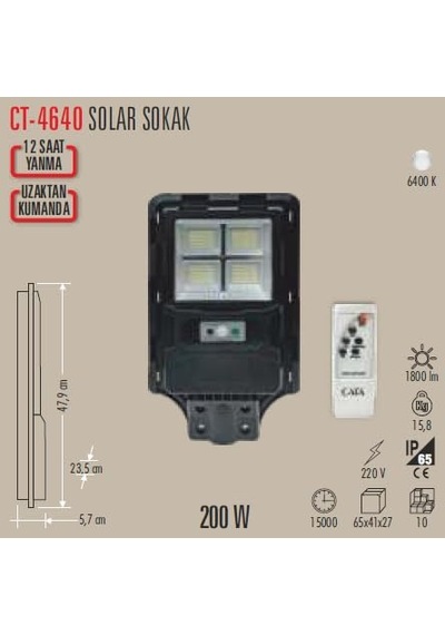 Ayrex Cata200w Solar Sensörlü Sokak Armatürü Ct-4640