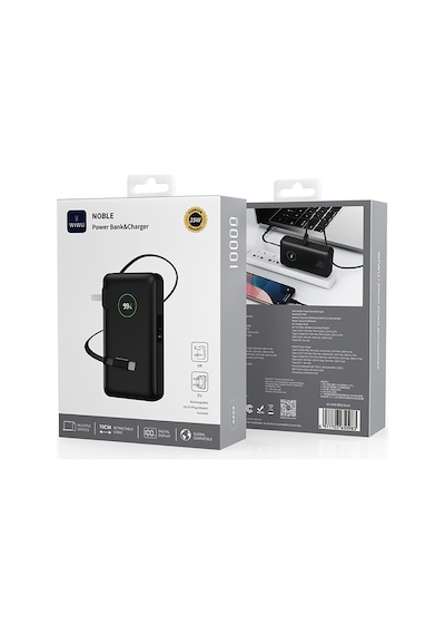 Wiwu Wi-p049 Noble Serisi Type-c Kablolu Dijital Led Göstergeli Powerbank Pd 35w 10000mah Siyah