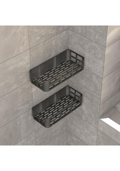 2'li Set Siyah Yapışkanlı Banyo Duş Rafı - 27x12 Cm Matkapsız Montaj Şampuanlık Ve Mutfak Baharatlık Organizeri Altın - Beyaz