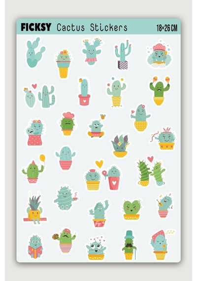 Sevimli Kaktüs Sticker Seti - 29 Adet Etiket Çıkartma Diğer