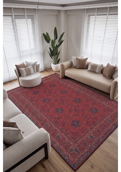 Zümrüt 05 Bordürlü Kırmızı Lacivert Etnik Vintage Eskitme İnce Yıkanabilir Salon Ev Oda Halısı