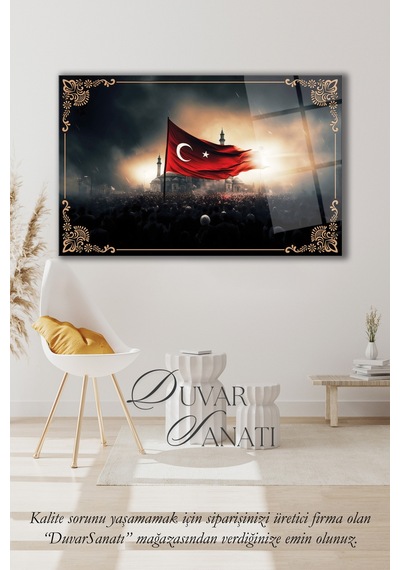 Dalgalanan Türk Bayrağı Ve Cami Cam Tablo , Modern Ev Ofis Salon Duvar Dekoru Büyük Tablo ,hediyelik