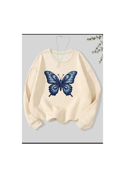 Herkesemoda Kelebek Desen Detaylı Bisiklet Yaka İçi Polarlı Sweatshirt Bej