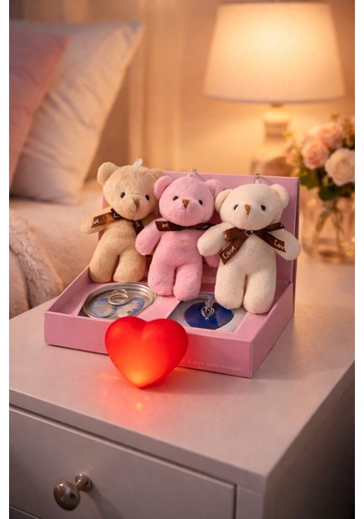 Sevgililer Gününe Romantik 3 Lü Hediye Seti İstiridye İnci Kolye 3 Adet Mini Peluş Ayı & Işıklı Kalp Çok Renkli