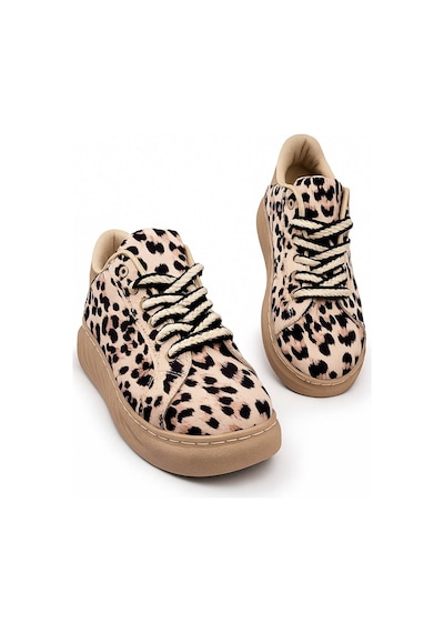 Günlük Kadın Sneaker Leopar Desenli Bağcıklı Oval Burun Yüksek Kalın Topuklu Spor Ayakkabı 313 Açık Leopar