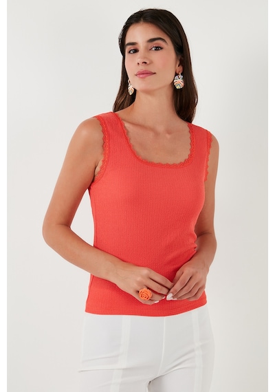 Lela Slim Fit Kalın Askılı Dantelli Kare Yaka Bürümcük Bayan Atlet 5864979 Nar Çiçeği