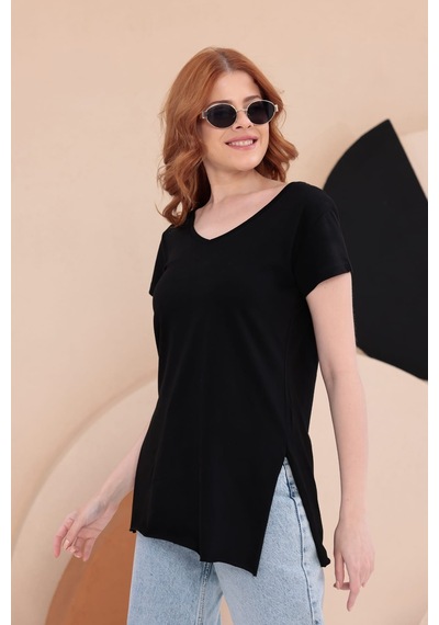Bbbutikbasic Yırtmaçlı Uzun Basic Tişort Hkn34 Siyah