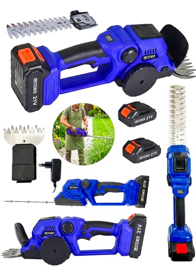Steiner 21v 2 Ah Çift Akülü Çit Budama Makinesi Çim Ve Çalı Kesme Makinesi + 2 Başlık