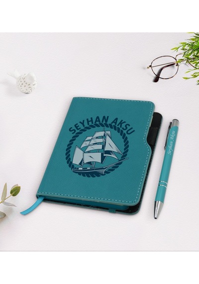 Kişiye Özel Gemi Tasarımlı Turkuaz Termo Deri Defter Kalem Seti-1