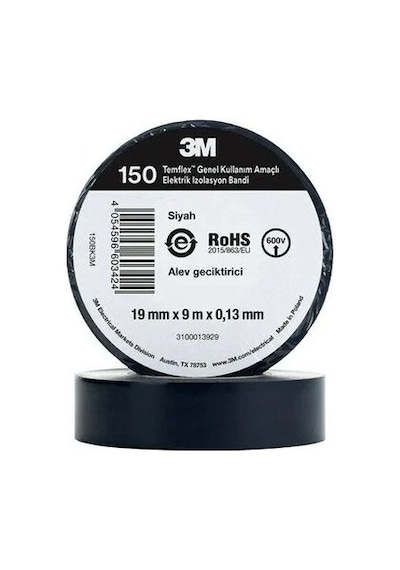 3m Siyah İzole Elektrik Bantı 10 Lu 0,13mmx19mmx9,14metre