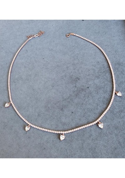 Sarkık Kalp Taşlı 2 Mm Suyolu Zincirli Gümüş Kolye Rose Gold