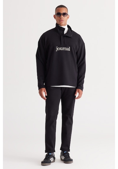AC&Co / Altınyıldız Classics Erkek Sıyah Loose Fit Bato Yaka Baskılı Sweatshirt Siyah