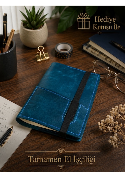 Bilikolik Hakiki Deri A5 Defter Kılıfı, El Yapımı, Telefon Cepli Ajanda Organizer, Defter Ve Kalem Dahil Mavi