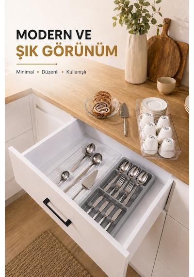 Çekmece İçi Kaşıklık Organizer Bölmeli Mutfak Düzenleyici Gri S-11030 Beyaz