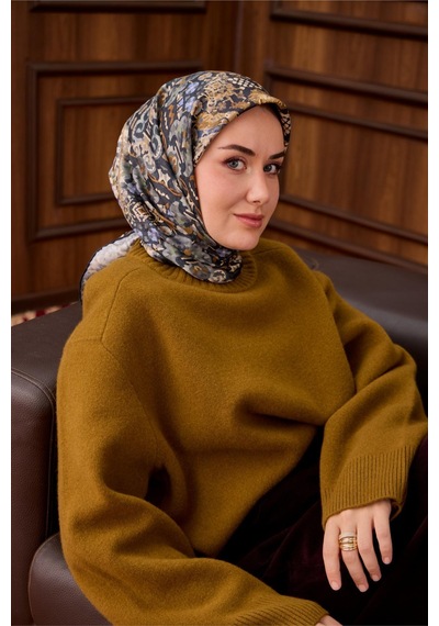 Silk Home Twill İpek Eşarp Lacivert Yağ Yeşili Desenli Tok Duruşlu Kaymaz 90x90 Çok Renkli