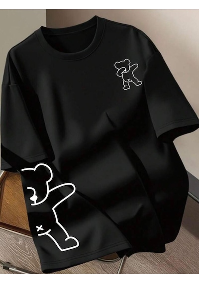 Ayıcık Baskılı Unisex Oversize Sokak Stili T-shirt SIYAH