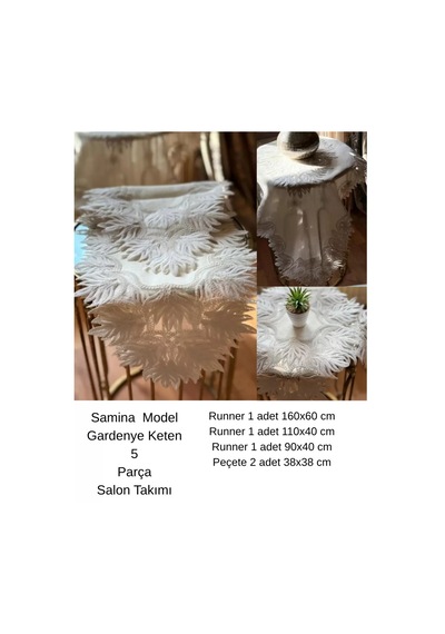 Salon Takımı 5 Parça Dantelli Keten Masa Örtüsü Runner Seti Çeyizlik Samina Model No 85693 Krem Çok Renkli