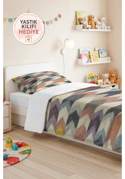 Geometrik Gri Genç Odası Tek Kişilik Pike Takımı - Modern Mavi Bej 160x220 Cm Kapitone Yatak Örtüsü Mahmur Vadi Sarmalı