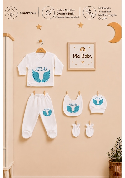 Pia Baby İsme Özel Erkek Bebek Hastane Çıkışı 6 Parça Zıbın Seti %100 Pamuk Organik Baskılı Battaniyeli 2017bzyx Krem