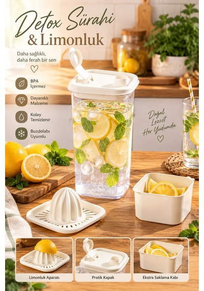 Porsima 1110 Detoks Sürahi & Limonluklu Matara Şeffaf-beyaz 2 Lt
