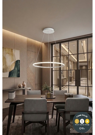 Tekli Halka Beyaz Led Sarkıt Avize 3 Renkli Modern Salon & Antre Aydınlatma 40 Cm