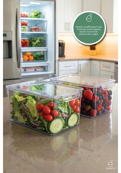2'li Xxl Kapaklı Şeffaf Büyük Buzdolabı Düzenleyici Saklama Kabı 32.5x20x14.5 Cm Gıda Organizer