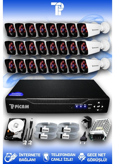 Picam 24 Kameralı Kare 24 Dış Kamera Set 1 TB HDD Full HD Gece Görüşlü Güvenlik Kamerası Sistemi